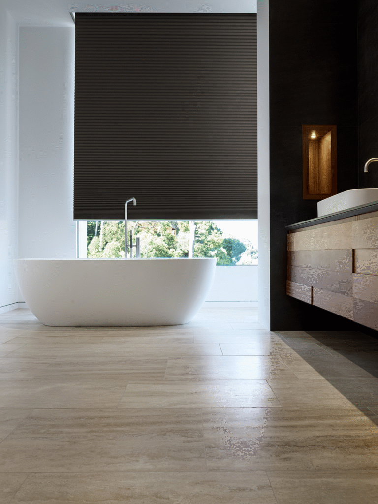 Mørke plisségardiner i et badeværelse